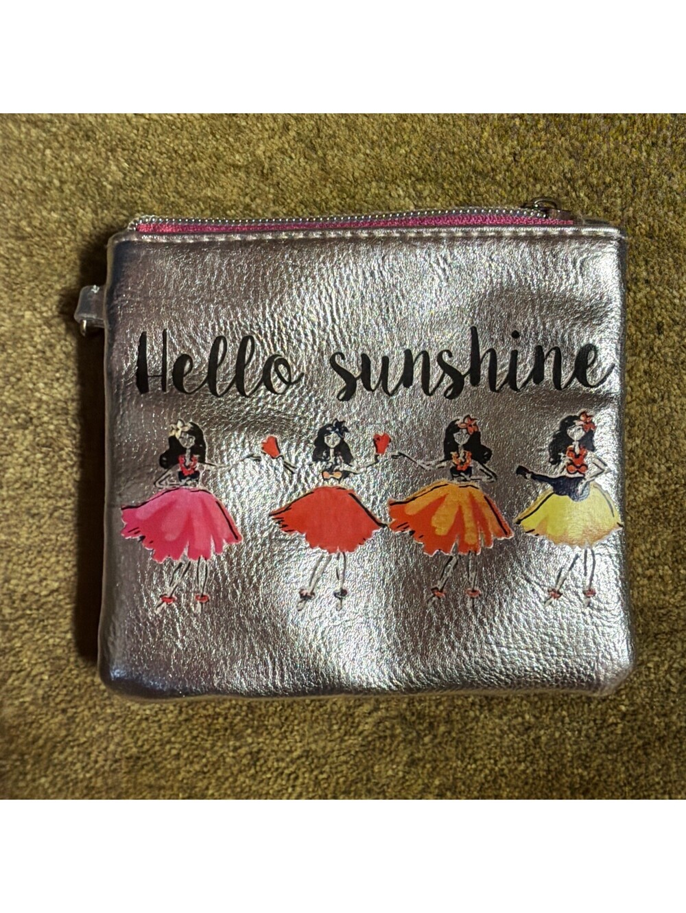 Hello Sunshine Metallic Zipper Pouch Hula Dancers 5"x4.25"